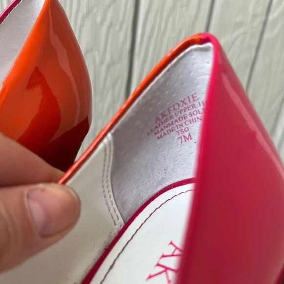 Anne Klein Foxie Pink Orange Patent Bow Heels SZ 7 Peep Toe Pumps - Picture 7 of 12